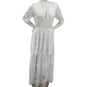 Eleter Women Deep V-neck Lace Romper Short SS Long Sheer Lace Dress Overlay  Med